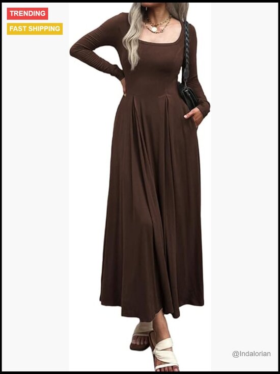 Dresses & Skirts - Long Sleeve Square Neck Maxi Dress A-Line Pleated Flowy with Pockets